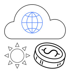 Cloud with blue global network, sun with rays, dollar coin in black outline. Ideal for concepts thumbs up technology, finance, energy, global reach, savings sustainability connectivity. Line