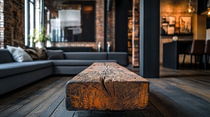 Rustic wooden coffee table in modern loft living room.