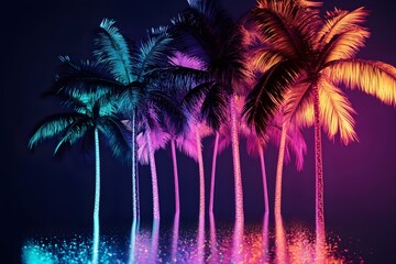 A mesmerizing display of neon palm tree silhouettes accented with colorful twinkling lights in a dark setting --ar 3:2 --s 50