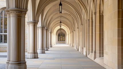 Focused view of an arched corridor, with stone columns creating a rhythmic pattern.