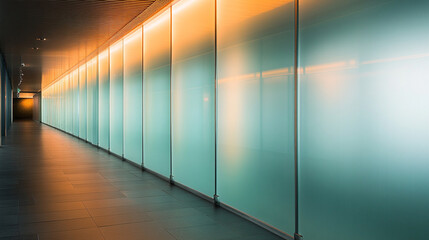 Detailed shot of a corridor lined with frosted glass panels, subtly lit from behind.