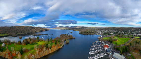 Panoramic aerial image of Windermere lake in the lake district area of Cumbria - UK 
