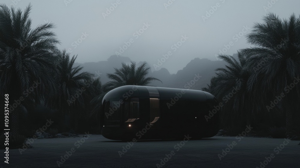 Poster a black vehicle is parked in a field with palm trees in the background