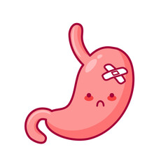 Stomach character designed in kawaii style, representing a diseased organ from the digestive system. Related to bariatrics, gastritis, and ulcers. Perfect for stickers, books, and medical brochure
