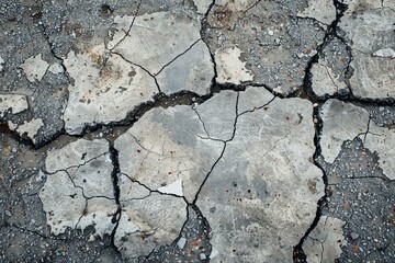 Obraz premium Close up of cracked concrete surface, highlighting texture and damage, ideal for backgrounds or illustrating decay