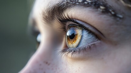 The eyes of a young scientist observing wildlife behavior in a remote natural reserve, Symbolizing conservation and biodiversity research, close-up photography style