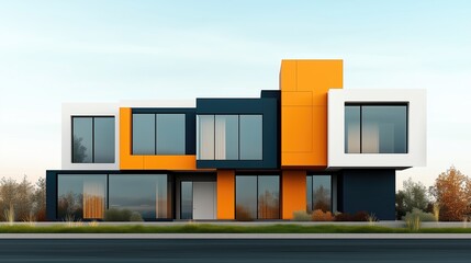 Obraz premium Modern Architectural Building With Colorful Geometric Design. Features modern architecture, large windows, and creative design, reflecting innovative urban living concept.