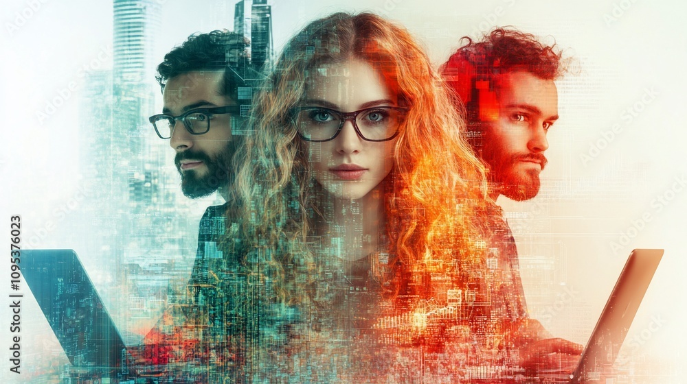 Poster diverse team of programmers working on laptops with city overlay.