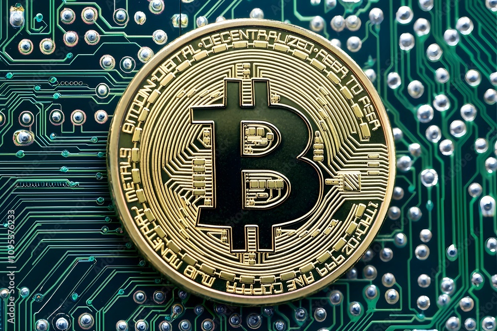 Poster bitcoin coin on circuit board background representing cryptocurrency