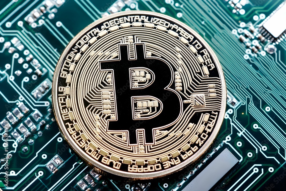 Poster bitcoin coin placed on a computer circuit board