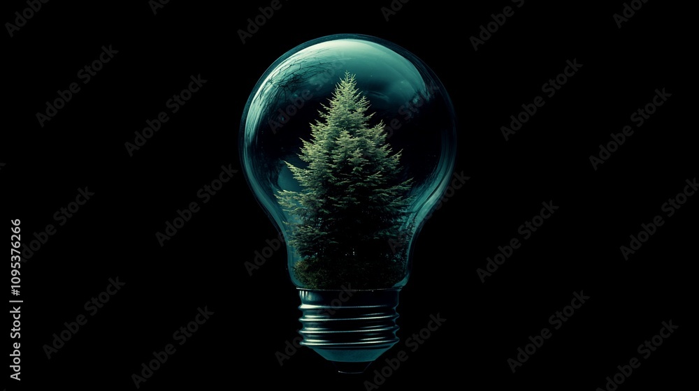 Poster evergreen tree inside a lightbulb on black background.