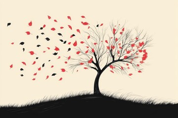 Obraz premium Artistic depiction of a solitary tree with falling leaves against a light background