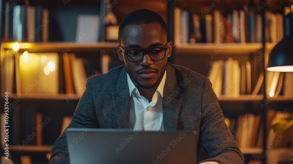 Poster man working late on laptop in library setting