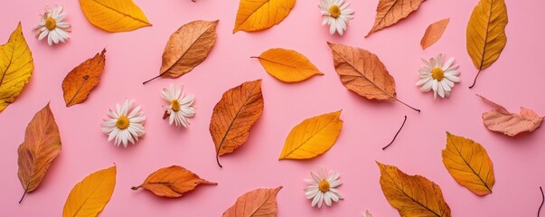 Autumn Leaves and Daisies on Pink Background