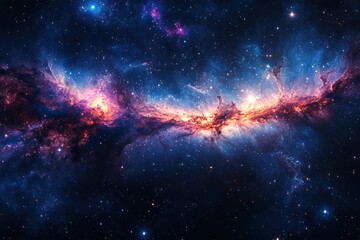 Fototapeta premium A vibrant nebula in a dark, starry sky with bright blue, pink, and orange hues.