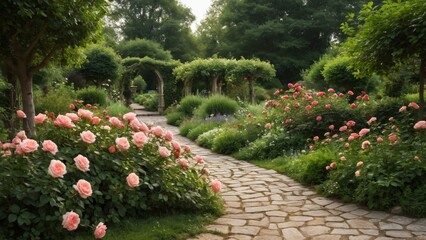 Naklejka premium A serene garden pathway surrounded by vibrant roses and lush greenery at golden hour