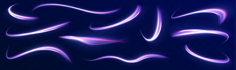 Lines in the shape of a comet against a dark background. Vortex streams of neon light. Abstract vector fire circles, sparkling swirls and energy light spiral frames. 
