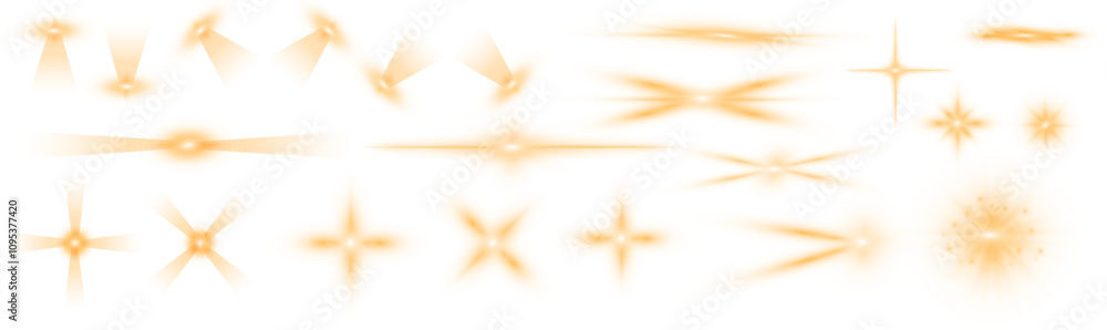 Poster collection of lens flares, stars and light rays with glowing swirling and spiral particles on transp