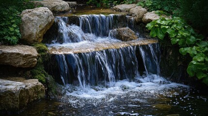 Fototapeta premium Serene Waterfall Cascading Over Rocks in a Lush Garden