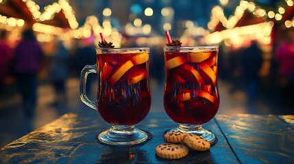 Fototapeta premium Two mugs of mulled wine with cookies at a Christmas market.