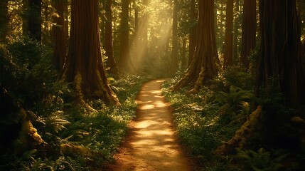 Fototapeta premium A serene forest path illuminated by sunlight filtering through tall trees.