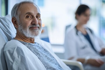 Fototapeta premium Senior man smiles while recovering in hospital with doctor nearby providing care and support