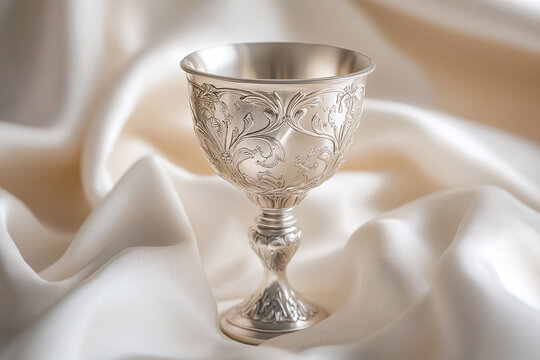 Ornate silver kiddush cup on white linen, soft religious lighting.