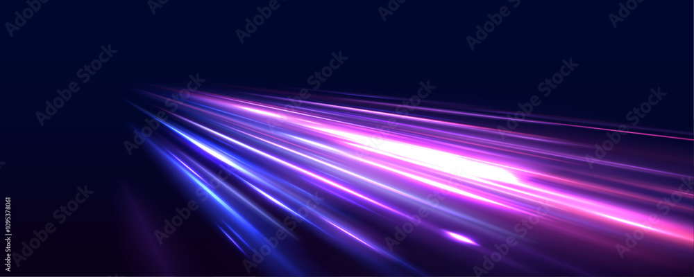 Poster Abstract neon background with shining wires. Vector dark blue abstract background with ultraviolet neon glow, blurry light lines, waves. 