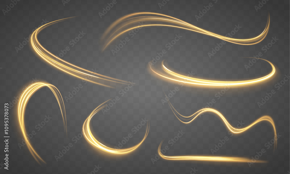 Aufkleber Abstract trace of high-speed light line of yellow color on transparent background. Golden line curved light effect.