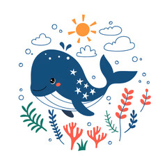 A whimsical scene of a blue whale swimming amidst a variety of marine elements