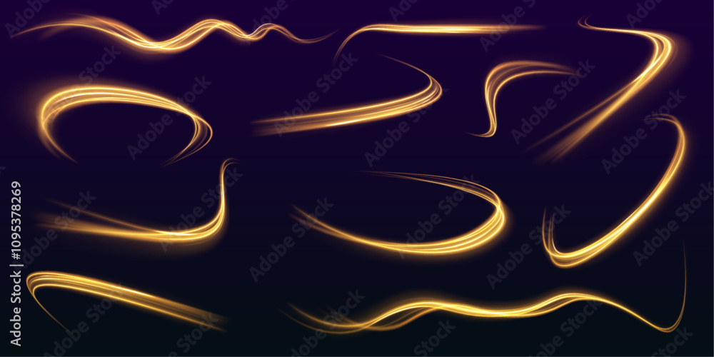 Poster Dynamic abstract vector graphics with smooth lines in bright yellow shades on a dark background. lowing light sparkles with golden glitter, magic stardust wave and beautiful sparkle light blur trail.