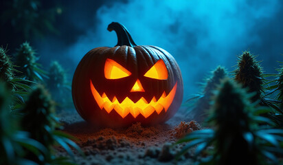 Naklejka premium carved pumpkin glows amidst cannabis plants blue smoke spooky halloween party