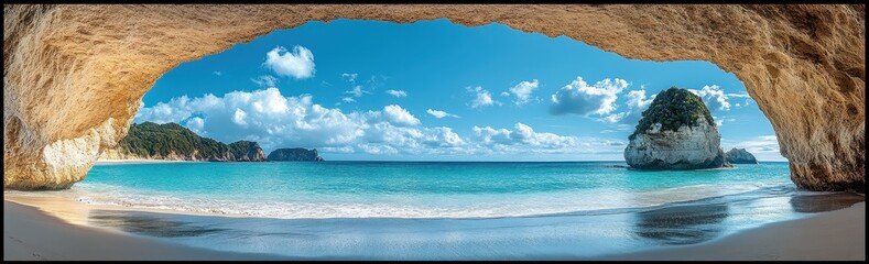 Obraz premium Stunning panoramic view of Cathedral Cove Beach with turquoise waters.
