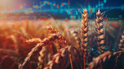 Cinematic close up of golden wheat field and stock market chart highlighting food security issues