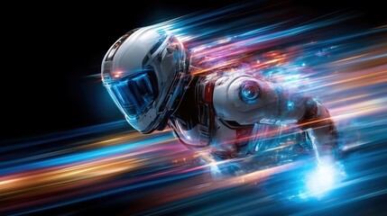 Futuristic racer in a sleek helmet and suit speeding through a neon-lit, high-tech environment. A dynamic and thrilling concept of technology, speed, and futuristic sports.