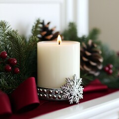 Festive Christmas Candle with Snowflake Decor Winter Holiday Scene