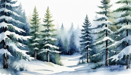 Fototapeta premium Snowy winter landscape with evergreen trees and soft snowfall in a serene forest setting during daylight