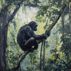 Chimpanzee Contemplating in Lush Rainforest