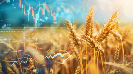 Cinematic closeup of wheat field and stock market chart highlighting agriculture and trade