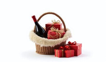 white background christmas gift basket contains wine treats assorted gifts png format