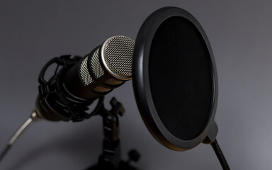 A close-up of a professional studio microphone with a pop filter, ideal for podcasting, voiceovers,...