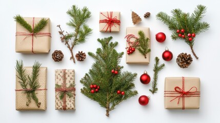 Festive Christmas Gifts Decorated With Greenery And Ornaments