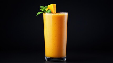 A vibrant mango smoothie garnished with mint, served in a tall glass against a dark background.