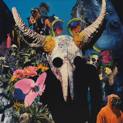 Animal Skull and Floral Collage with Ceremonial Elements