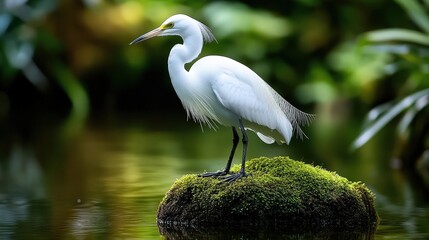 Fototapeta premium Graceful White Heron Standing on a Lush Green Mossy Rock