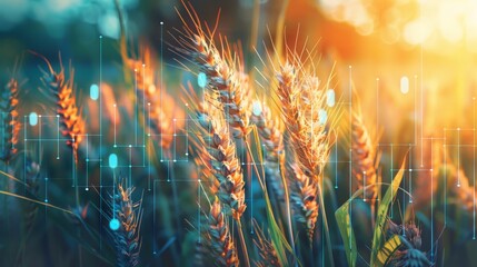 Golden wheat closeup with stock market chart illustrating agricultural commodities dynamics