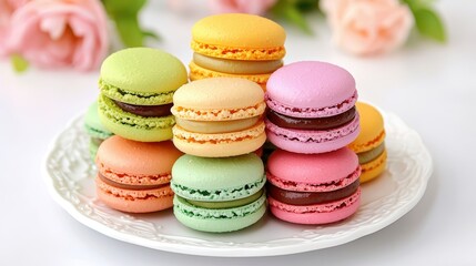 Obraz premium A colorful assortment of macarons displayed on a decorative plate, showcasing pastel hues and a delightful presentation, perfect for dessert lovers.