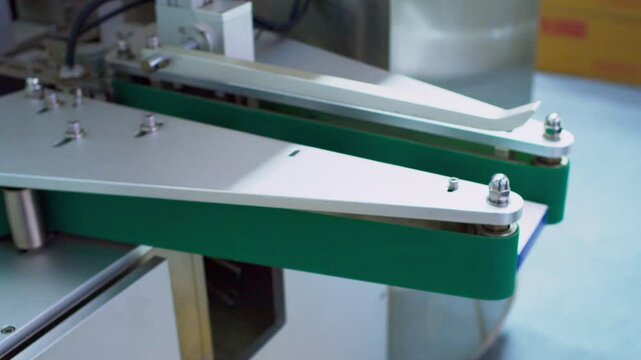 Modern industrial equipment. Pharmaceutical production. The packaging machine quickly assembles cardboard boxes for packaging medicines. Technological process.