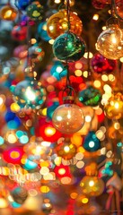 Enchanting nighttime festival close up featuring colorful vintage lights and market bokeh background