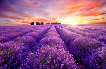 Fototapeta premium Lavender field at sunset, vibrant purple blossoms, serene landscape.